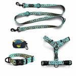 Kunterbunt collection as a dog collar, lead, harness and poop bag dispenser set in yellow/blue