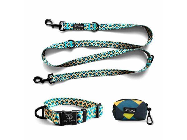 Kunterbunt collection as a dog collar, lead and poop bag dispenser set in yellow/blue