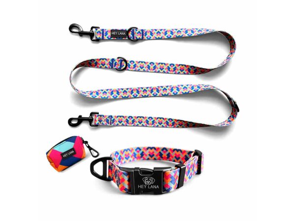 Kunterbunt collection as a dog collar, lead and poop bag dispenser set in pink/turquoise