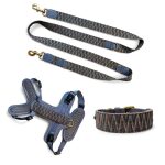 Set bestehend aus Hundegeschirr, Hundeleine und Hundehalsband in Blau/Grau
