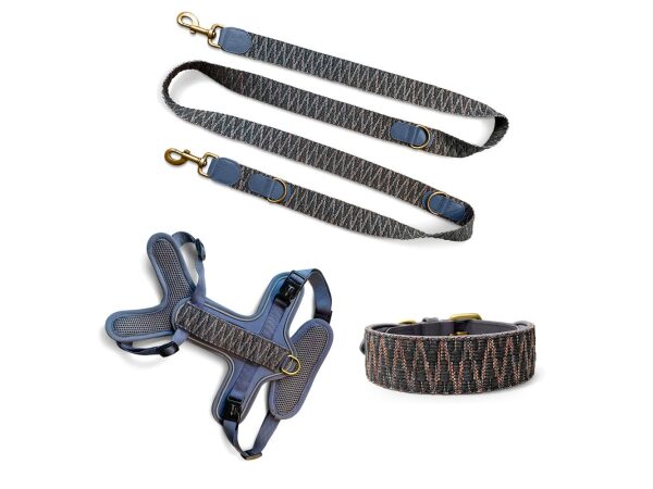 Set bestehend aus Hundegeschirr, Hundeleine und Hundehalsband in Blau/Grau